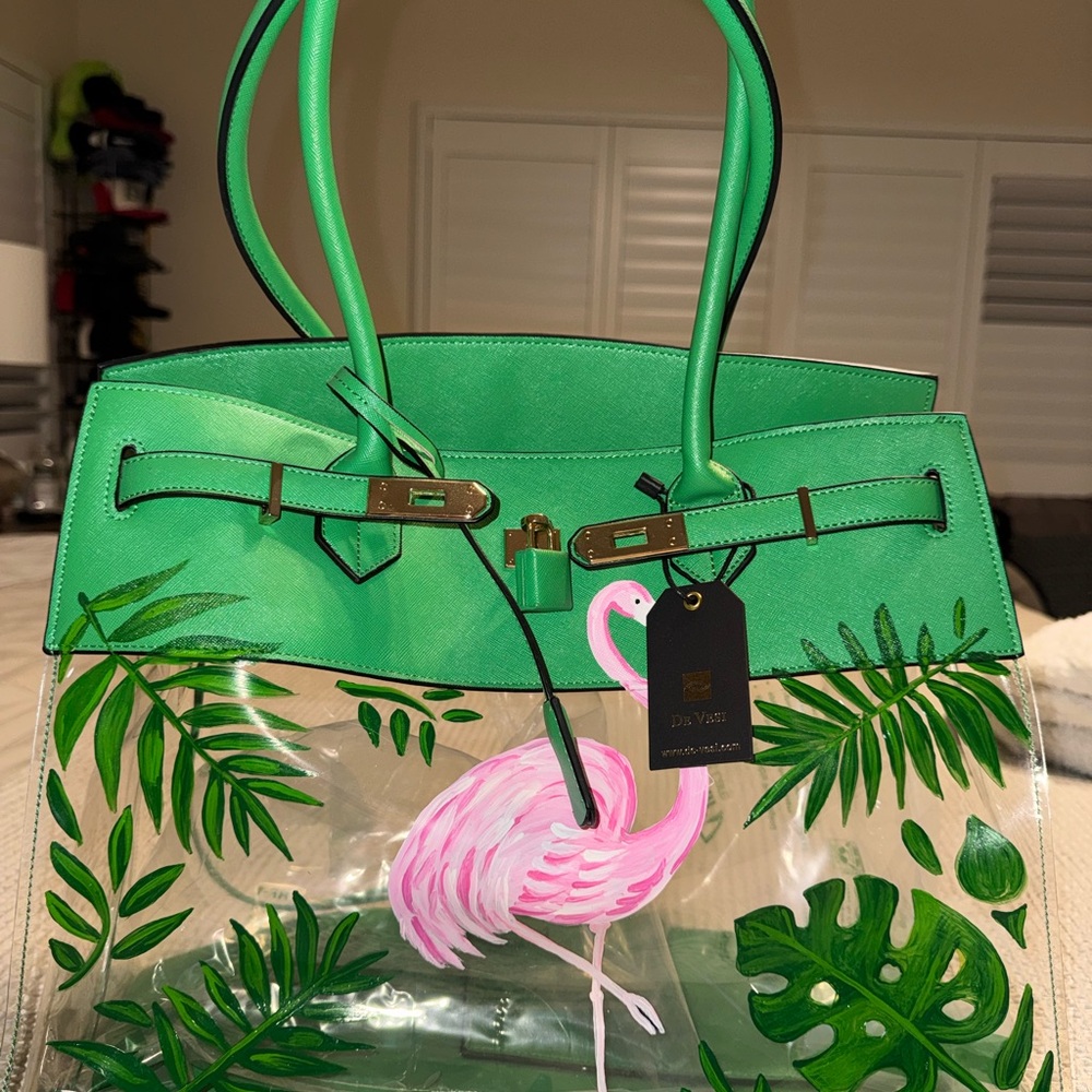 Chic Green and Pink Flamingo Clear Tote Bag by De Vesi